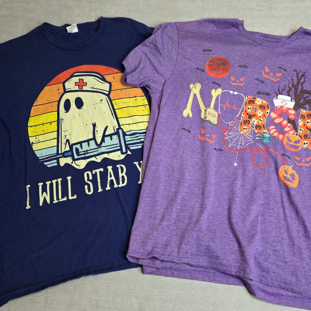 Halloween Graphic T Shirt Lot 2 Spooky Nurse Medical Skeleton Pumpkin Ghost